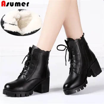 

ASUMER big size 35-41fashion genuine leather boots black platform ankle boots for women winter keep warm wool snow boots women