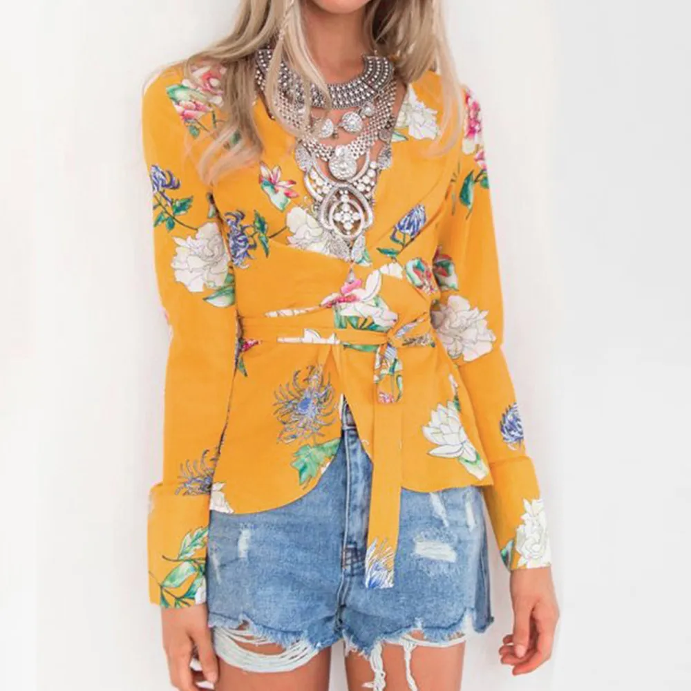 Meilleur Boho Floral Imprimé Blouses Sexy V Neck Blouse Femmes De Mode Wrap Bandage top Casual Blusas Dames D été Tops Ceinture Chemises