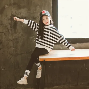 

Korean Style 2019 Fashion Girls Cotton Striped Clothing Sets Two Pieces Sweater Shirt+ Pants Teenage Girls Hoodie Jacket Clothes