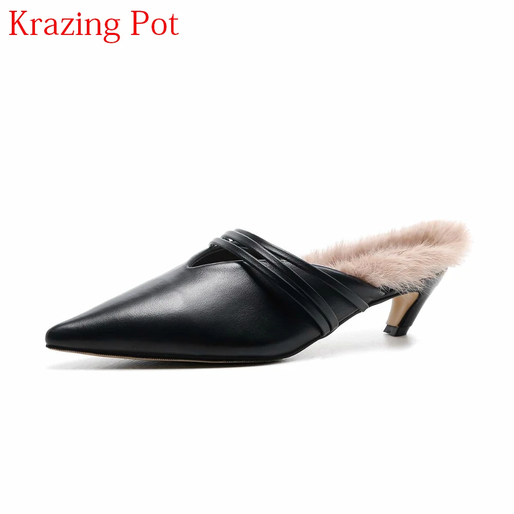 

2018 New Superstar Rabbit Fur Spring Genuine Leather Streetwear Slingback Pumps Stiletto Med Heels Pointed Toe Shallow Mules L88