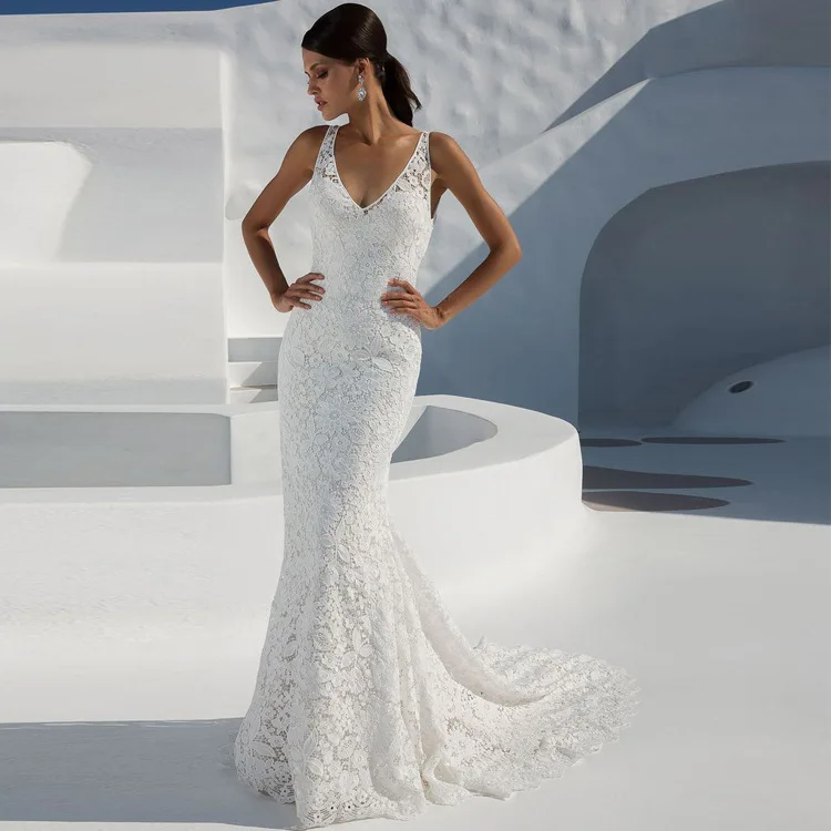 

BacklakeGirls Lace Wedding Dresses Deep V Neckline Sleeveless Sexy Bridal Dress Backless Floor Length Mermaid