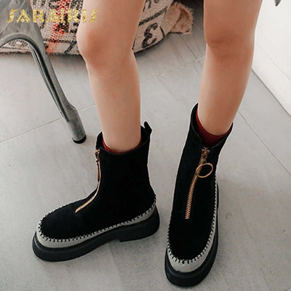 

SARAIRIS 2018 Cow Suede Leather Brand Design plus Size 34-43 Zip Up Fashion Boots Women Shoes Black Brown Shoes Woman Boots