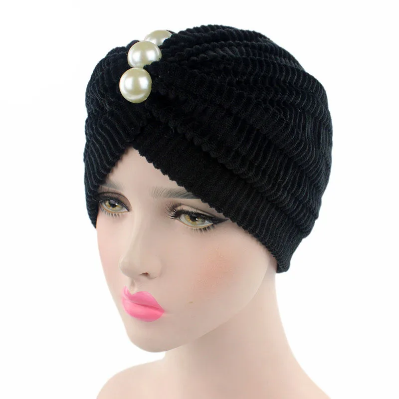 Новая женская шапка-тюрбан с оборками и жемчугом, бархатная шапка, сохраняющая тепло, вязаная шапка-шарф, шапочка при химиотерапии, выпадение волос, аксессуары для волос от рака - Цвет: Black