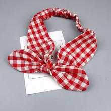 1 шт. повязка для волос для девочек, хлопковая и льняная клетчатая полосатая повязка на голову, простая и элегантная, маленькая, мохнатое кроличье ушко-лента G0407