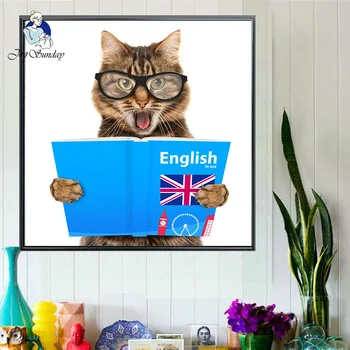 

JOY SUNDAY Diamond Square Diamond 5D 3D DIY Diamond Painting "Literature Cat with Eyes Reading" Diamond Embroidered Rhinestone 7