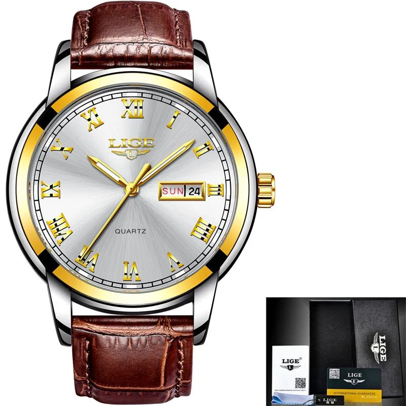 LIGE, деловые мужские часы, Топ бренд, роскошные модные часы с датой, мужские полностью стальные водонепроницаемые кварцевые часы, мужские часы+ коробка - Цвет: Gold white