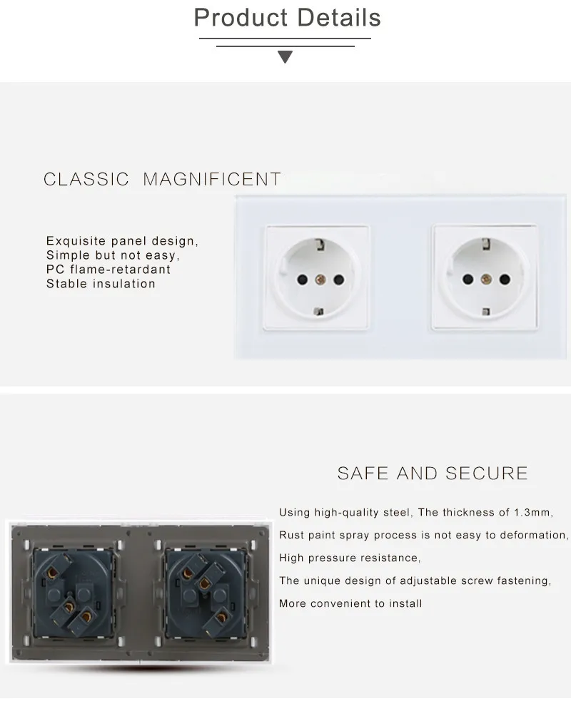 Стандарт ЕС 172/146 мм двойная розетка питания, немецкая розетка настенного типа, белые панели из закаленного стекла, 13А настенная розетка