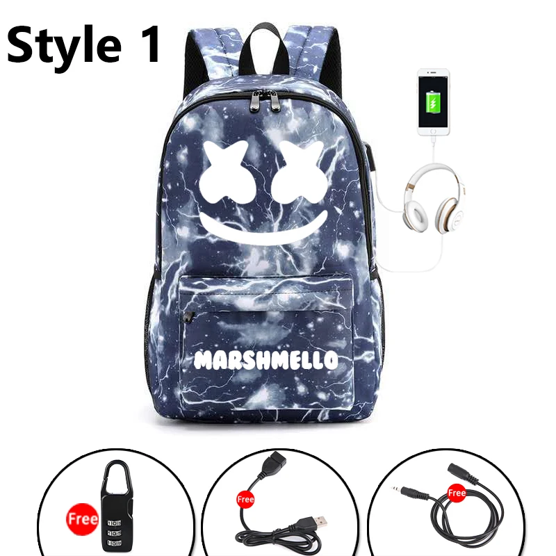 BOZMD DJ Marshmello Backpack For School Boys Girls Student School Bag Anti-theft Usb Men Luminous Backpack Anti-thft Usb Bag