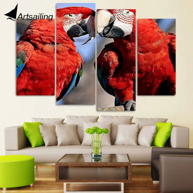 4 panel canvas art canvas painting red couple parrot caring hd