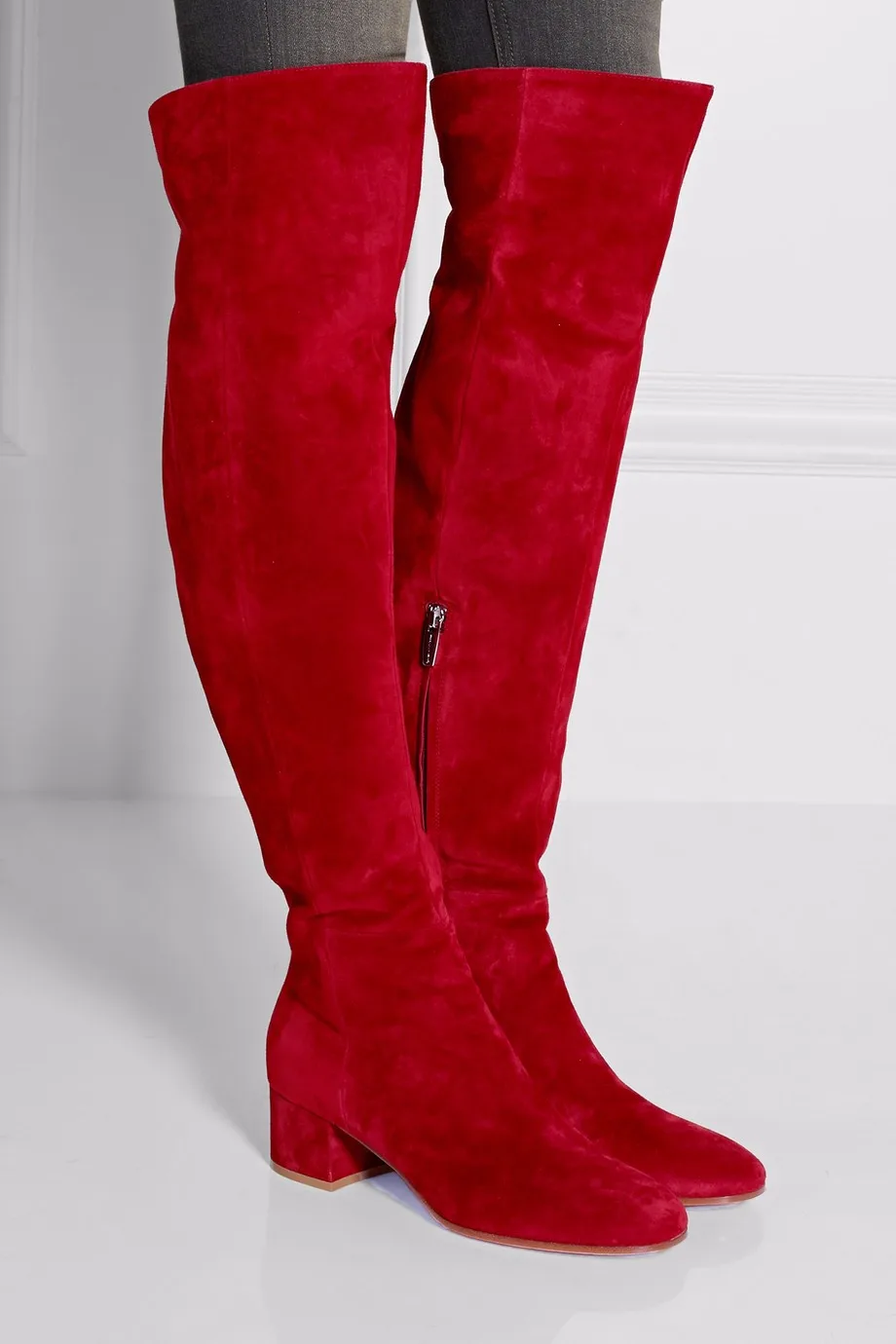 Autumn Newest Red Suede Round Toe Over The Knee Boots 2016 Thick Heels