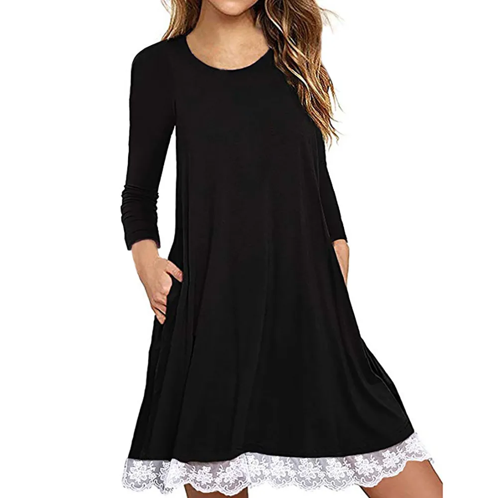 Платья размера плюс, о-образный вырез, кружево, сплошной цвет, длинный рукав, свободное мини-платье, женский из смеси хлопка, свободное Повседневное платье, vestidos robe, платья#2S - Цвет: Черный