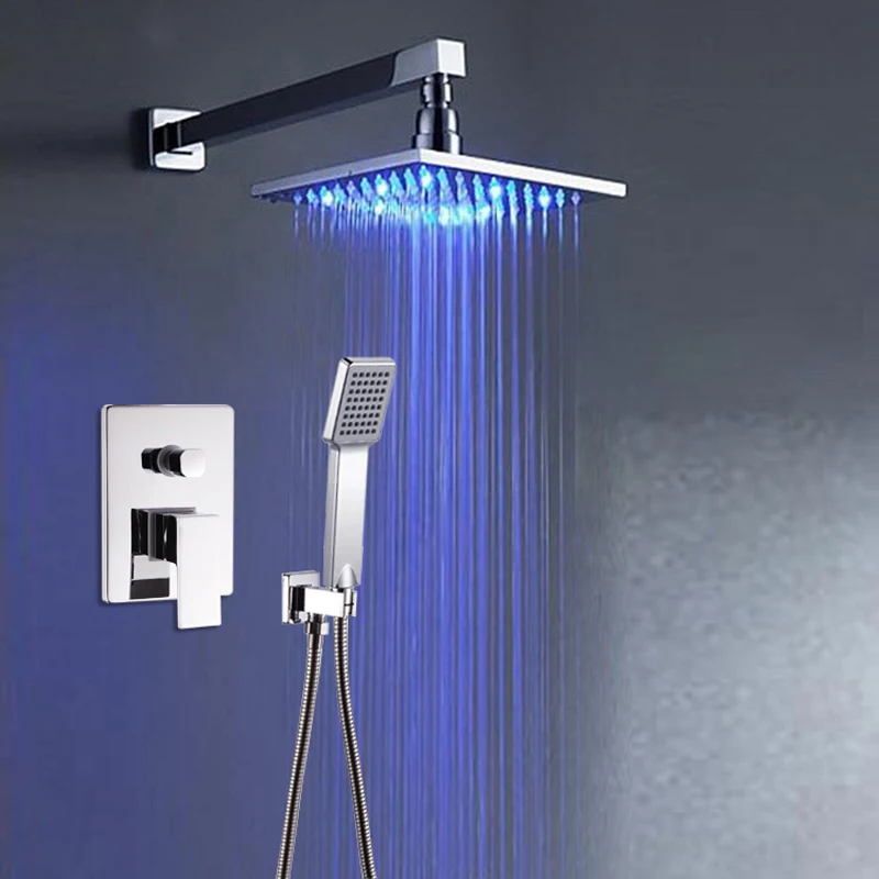 Wall Mounted Bathroom LED Color Changing Rainfall Shower Head Shower Set Faucet Taps Single Handle with Hand Shower