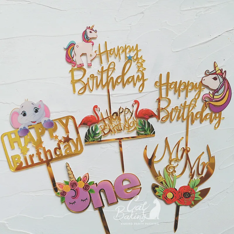 

Colourful Acrylic Unicorn Flamingo Elephant Flower "Happy Birthday" Cake Topper for Party Decoration Dessert lovely Gifts