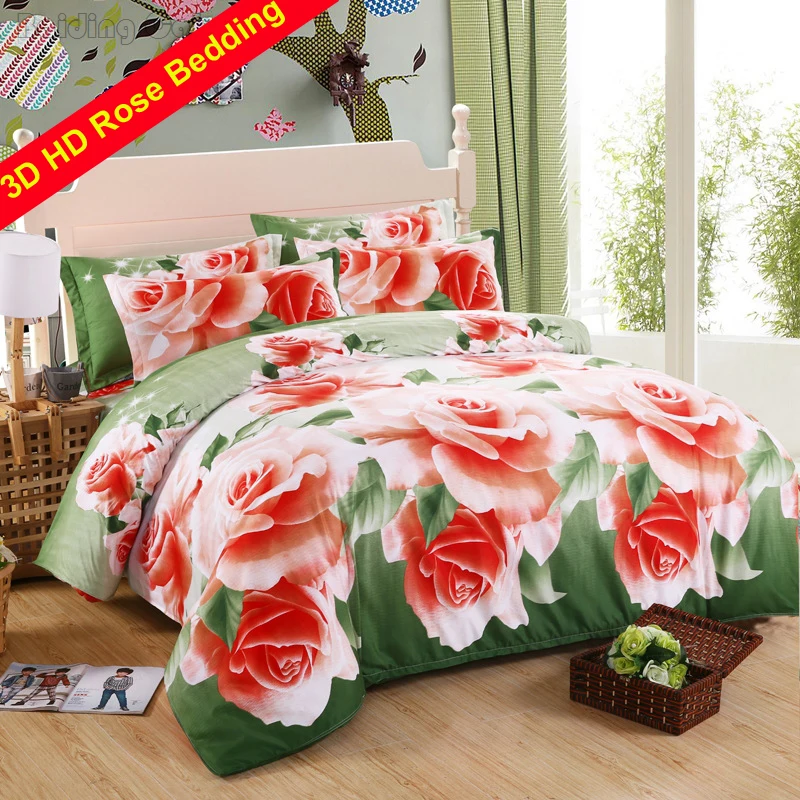 Fashion Green 3d Rose Flowers Print Bedding Sets Lovers Family Bed