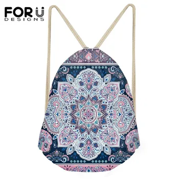 

FORUDESIGNS Women's Drawstring Bag Females 3D Mandala Decor Floral Print School Beach Bag Shopping Bags Tote String Backpack