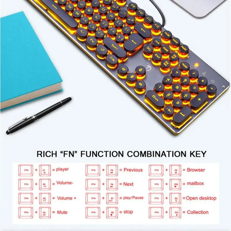 Стимпанк Ретро Keycap USB Проводная светящаяся игровая клавиатура с подсветкой 104 клавиш клавиатура для ноутбука компьютера ноутбука ПК