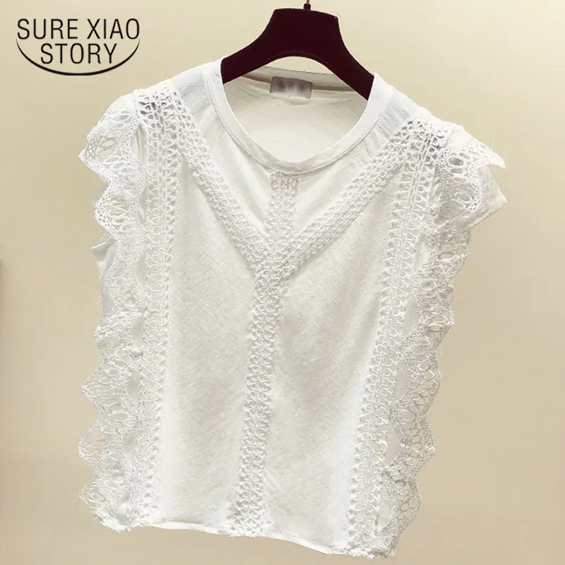 

2019 New Lacey Short Sleeve women shirts in summer Thin Hook Flower Hollow Sweet women tops sexy soft chiffon shirts 4695 50