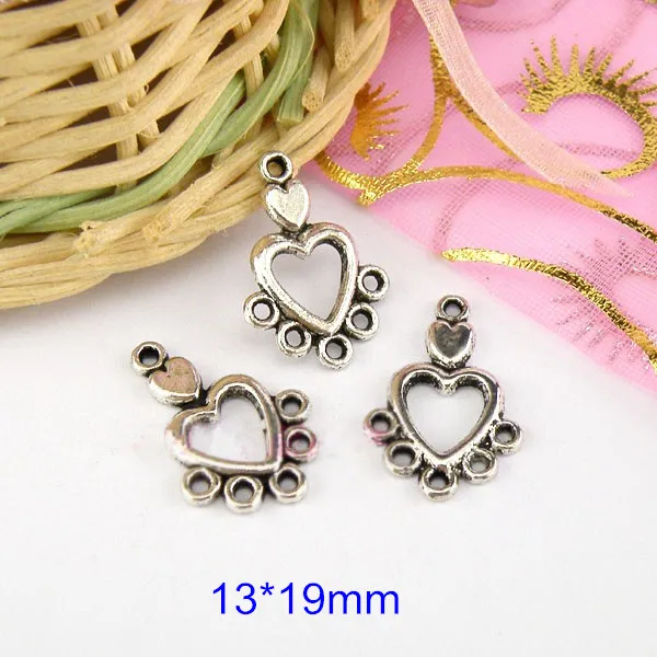100 Pcs Antique Silver Love Heart Connectors Jewelry Findings 13*19mm