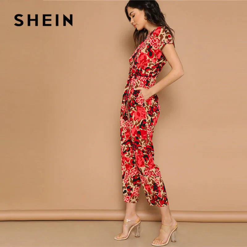 SHEIN Lady Highstreet Rolled Up Sleeve Knot Front Leopard Print Jumpsuit Women Summer High Waist Casual Tapered Jumpsuit