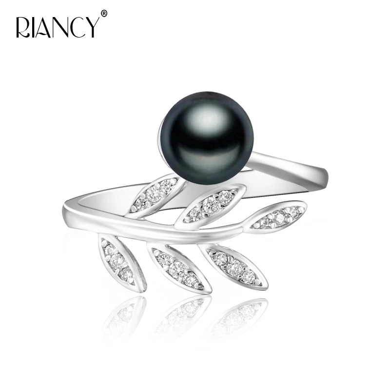 

Fashion Natural Freshwater white gray black Pearl ring Leaves ring for women Wedding/Party Gift