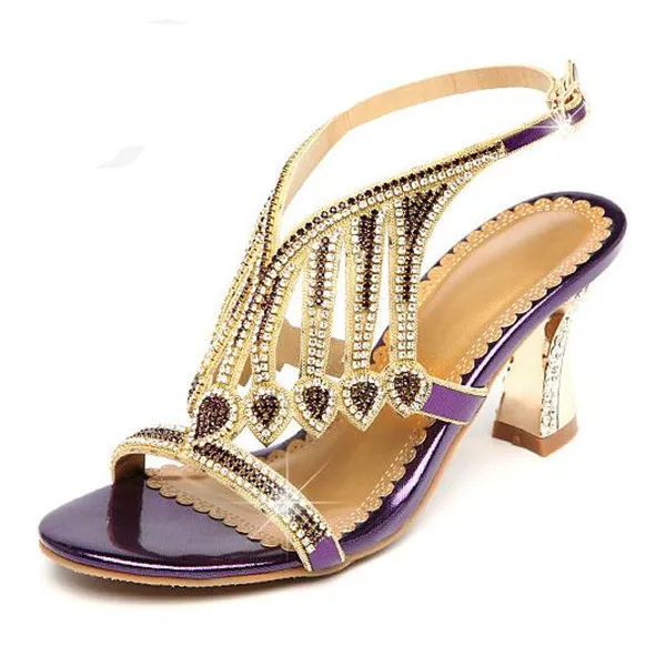 Летний стиль золото цветные сандалии на высоком каблуке стразы свадебные туфли с прозрачными стразами и молнией Для женщин качества - Цвет: Purple