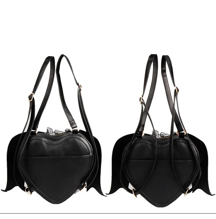 Готический панк стиль черный крыло летучей мыши в форме сердца женский pu кожаный рюкзак сумка на плечо застежка-молния