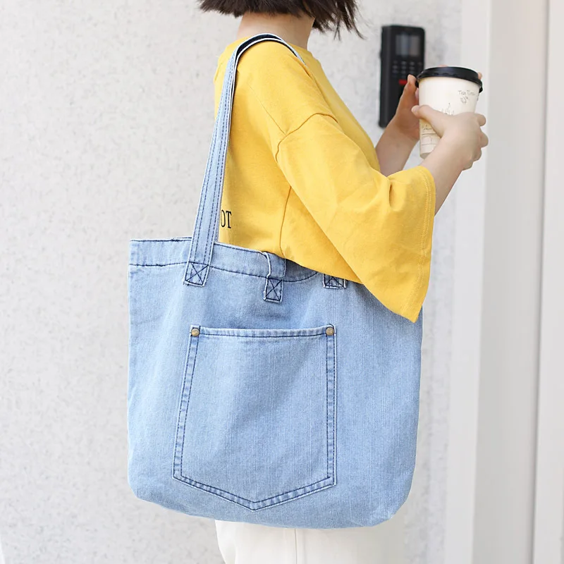 

High Quality Denim Top-handle Bag Casual Jeans Fabric Tote Bag for Teenager 2019 Female Daily Korean Style Handbag for Shopping