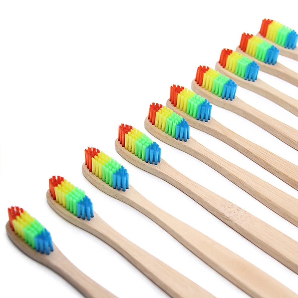 Colorful Head Bamboo Toothbrush Wooden Rainbow Natural Oral Care Soft