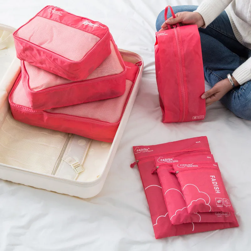7 шт. портативные дорожные сумки для хранения одежды, обуви, органайзер, косметический мешочек, комплект для багажа, аксессуары, принадлежности - Цвет: Красный