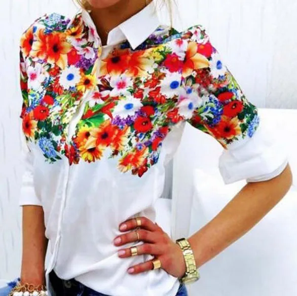 2017 Desain Baru Bunga Kupu-kupu Dicetak Kemeja Wanita Sifon Blus Putih Kasual Kantor OL Musim Semi Musim Panas Wanita Tops C011