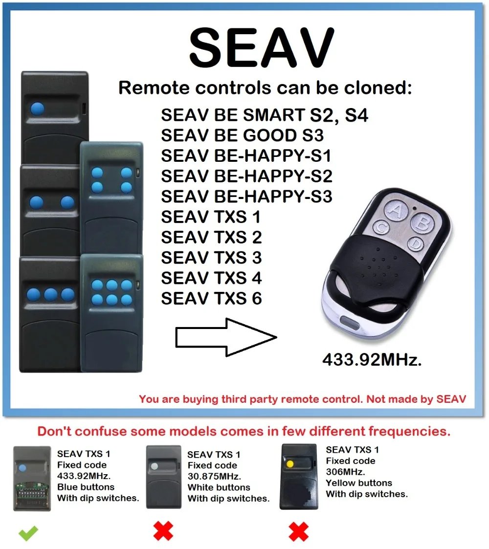 

SEAV TXS 1, 2, 3, 4, 6 Remote Control Duplicator 433.92MHz. .(only for 433.92mhz fixed code)