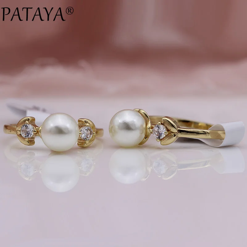 PATAYA New Champagne Gold Imitation Pearls Round Natural Zircon Rings Women Wedding Party Jewelry Leaf shape Girls Cute Ring