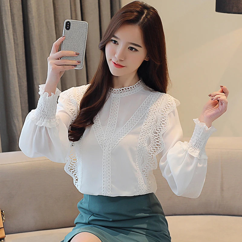 blusas mujer de moda 2018 white hollow lace chiffon blouse shirt long sleeve womens tops and blouse