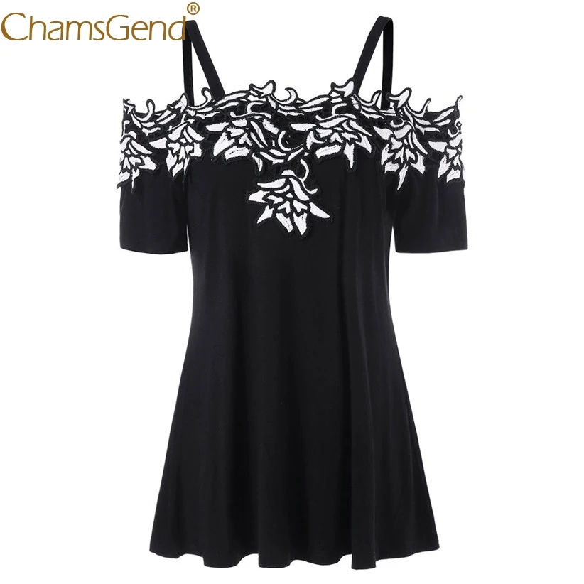 

Free Shipping Lady Sexy Off Shoulder Shirt Women Summer Black Floral Appliques Short Sleeve Strappy Blouse 80712