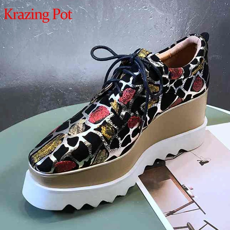 

Krazing Pot 2019 sheep leather printing skin wedges high heel pumps high qulity custom made luxury lace up increased shoes L18