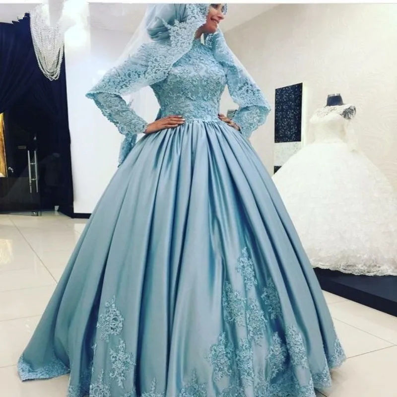 

Blue Arab Saudi Muslim Long Sleeve Satin Beading Ball Gown 2019 Muslim Arabic Wedding Dress Boho Sofuge Vestido De Noiva