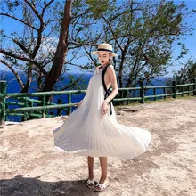 Summer Beach Dress Women Backless Cross Bundle Waist White Pleated Sling Maxi Dress box pleated cross wrap bardot dress