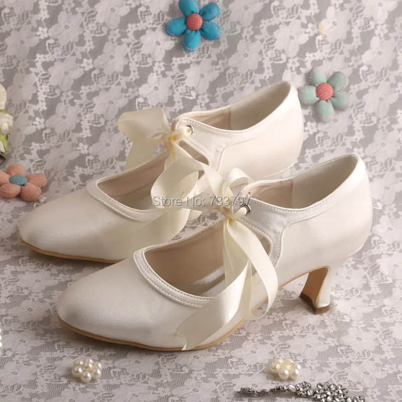 Wedopus Custom Handmade Mary Janes Marfil Satin Shoes Wedding Pumps Closed Toe Womens