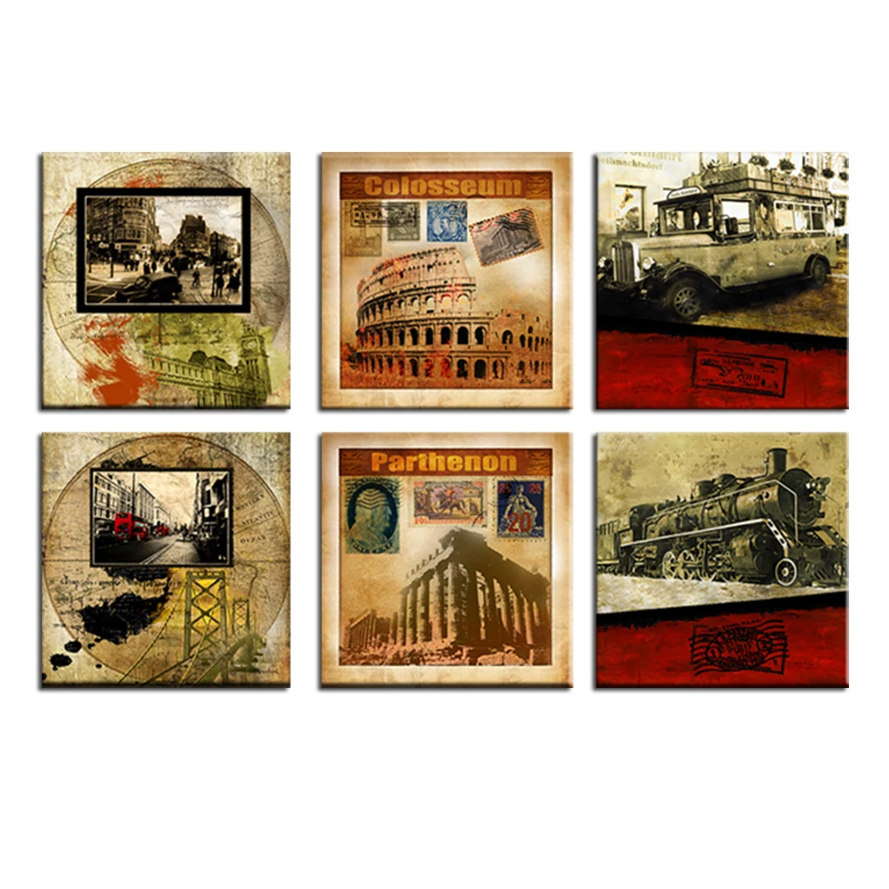 6pcs HD Canvas painting 6 pieces/set Modern colosseum-parthen Antique train car on- wall pictures kids room wall decor No Frame
