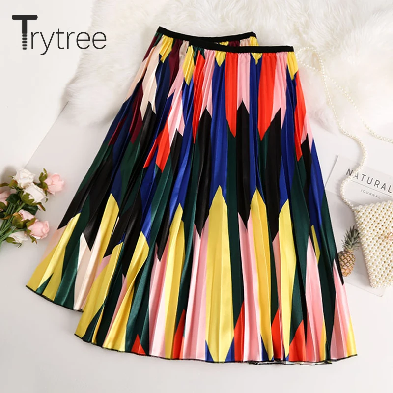 

Trytree Summer Autumn Pleated Skirt Womens Multicolor Geometric Printed Mid-Calf Skirts Polyester Elastic Waist A-Line Skirt
