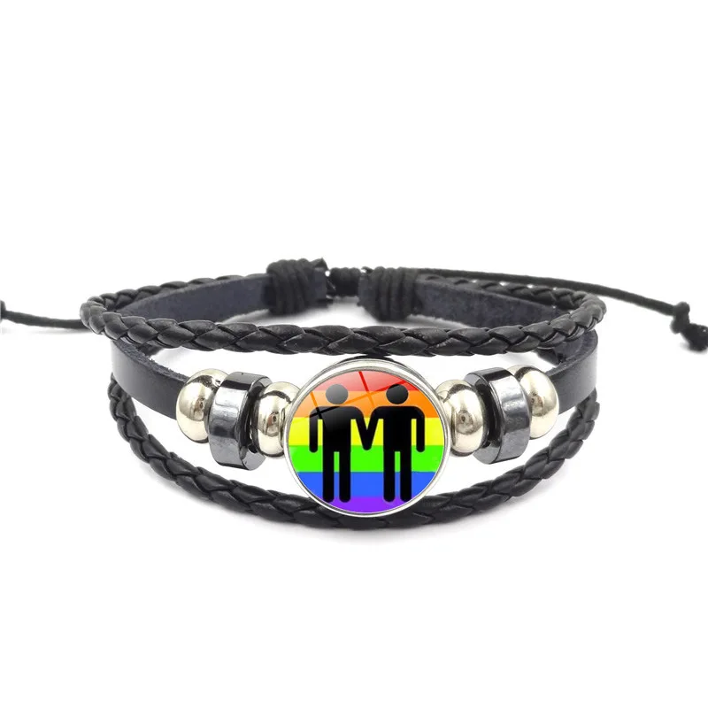 

10 Style Gay Pride Glass Buckle Charm Bracelet Rainbow Flag Gay Jewelry Handmade DIY Beaded Weave Black Leather LGBT bracelet