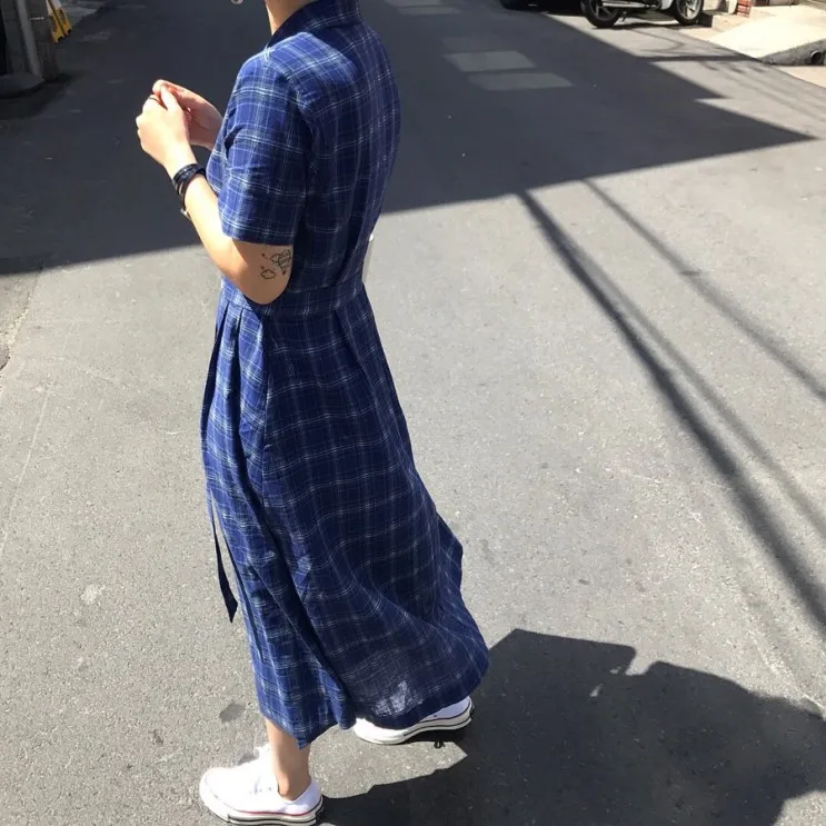 Корейское женское летнее синее длинное платье-рубашка в клетку с пуговицами Vestidos с поясом размера плюс, женская повседневная одежда Kleider Damen