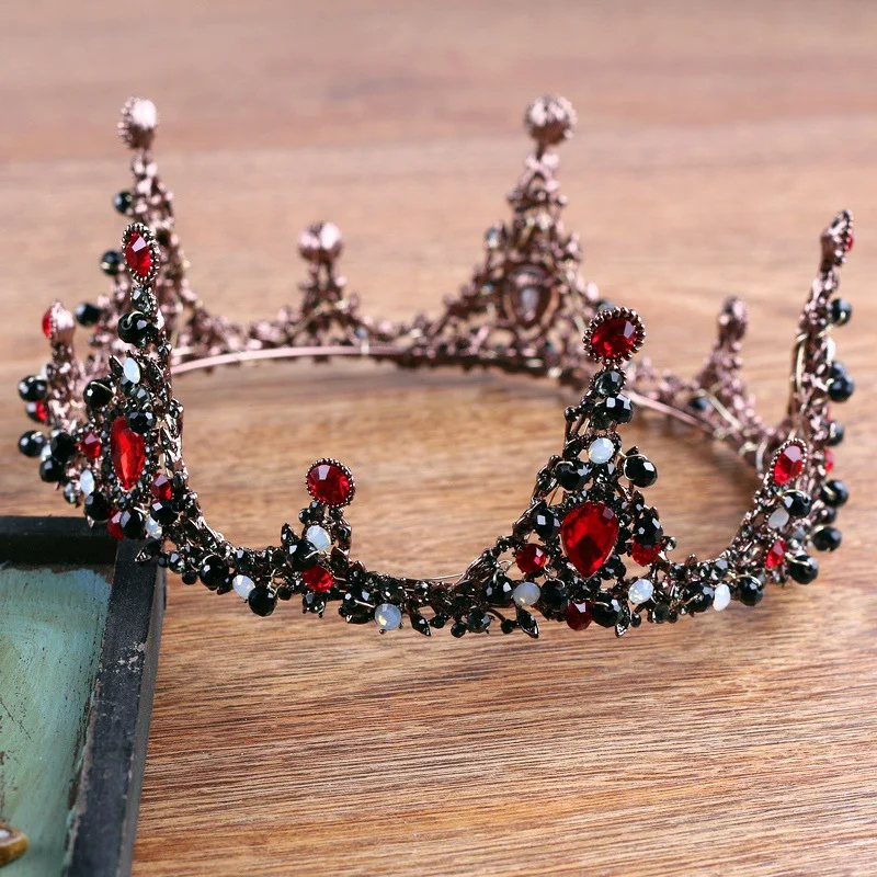 

Black Crystal Tiara Crown Red Rhinestone Headdress Hair Jewelry Vintage Baroque Headpiece Princess Round Coronet Headwear Gifts