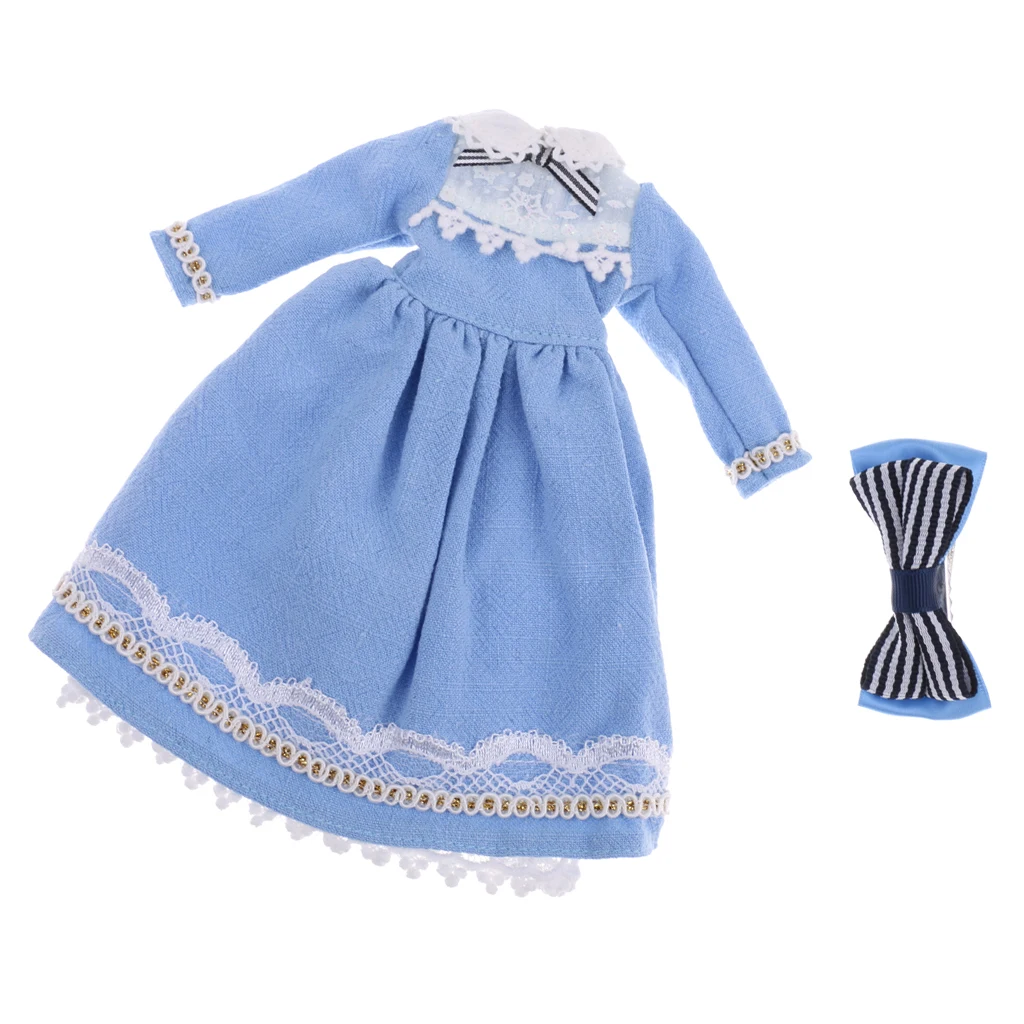 Light Blue Skirt Dress Hairclip Clothing for 1/6 Fashion Doll Neo Azone Licca Dolls Accessories