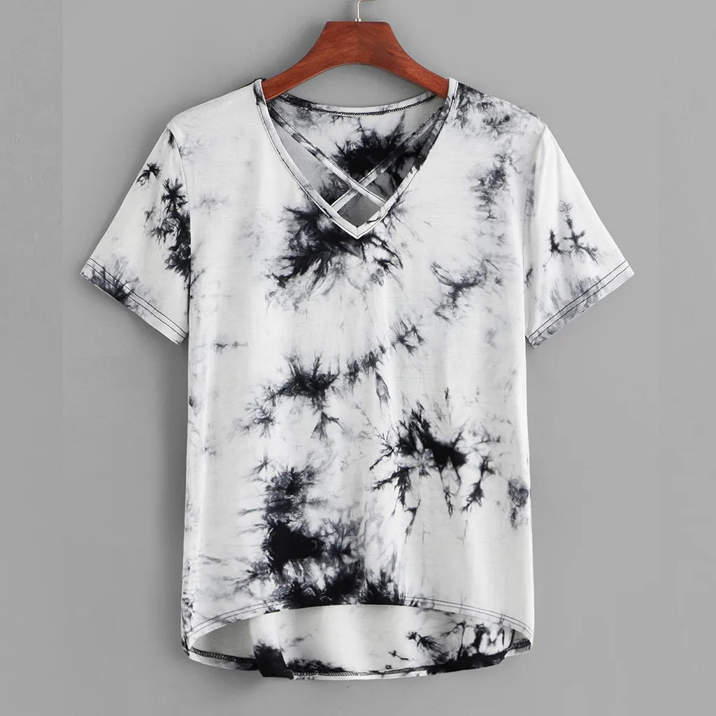 

Women's Ladies Blouses Tie-dyed Print Short Sleeve Front Criss Cross Shirt Pullover Breathable Tops Blusas Mujer De Moda 2019