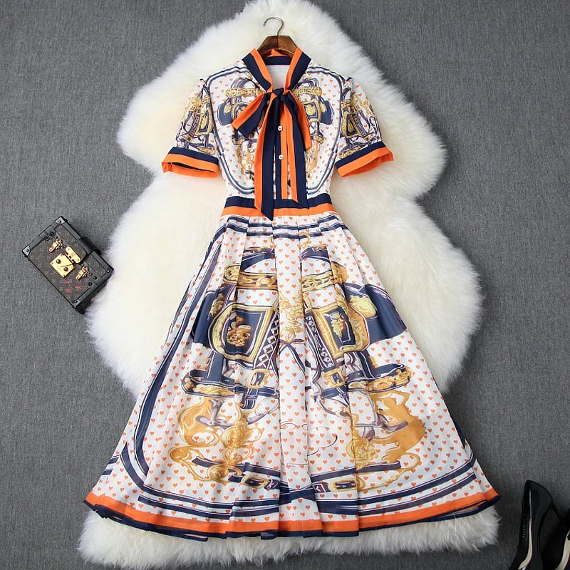 

Short sleeve tie bow party dresses 2019 new Superior quality Spring summer Print shirt work dress xl women Clothes elegant Dress