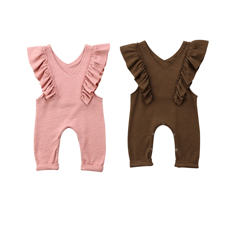 

Toddler Girls Cotton Lovely Cute Sleeveless V-Neck Covered Button Ruffles Solid 2 Style Sweatshirts Romper Outfit Spring Fall