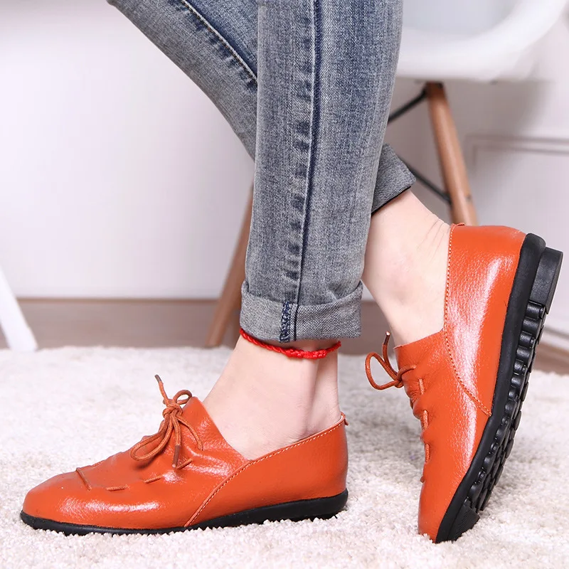 Genuine Leather Women Soft Flats Women Retro Round Toe Solid Light Loafers Slip-on Party Causal Flats Mother Shoes Size 35-40 (3)