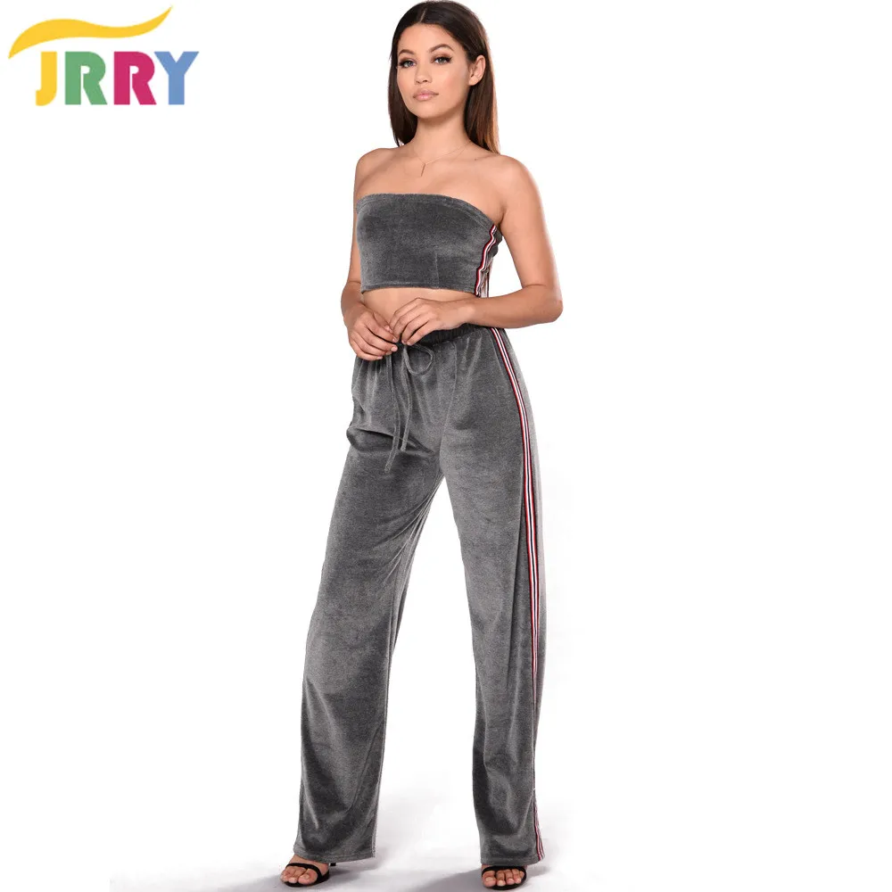 

JRRY Casual Strapless Two Pieces Women Jumpsuit Off the Shoulder Zippers Backless Crop Top Long Pants Ladies Romper