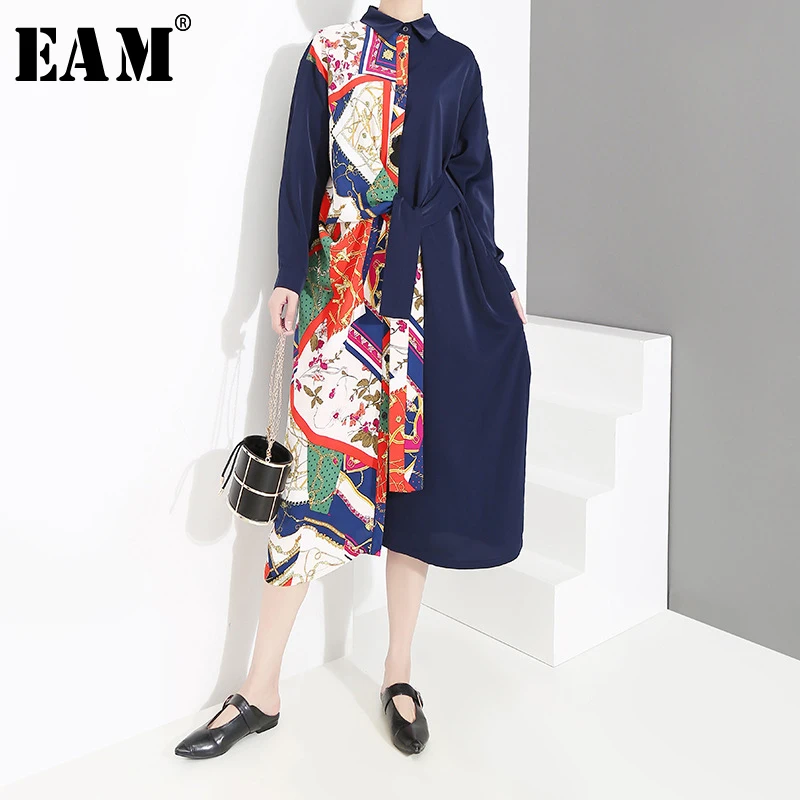 

[EAM] 2019 New Spring Autumn Turn-down Collar Long Sleeve Pattern Printed Bandage Button Thin Loose Dress Women Fashion JY937